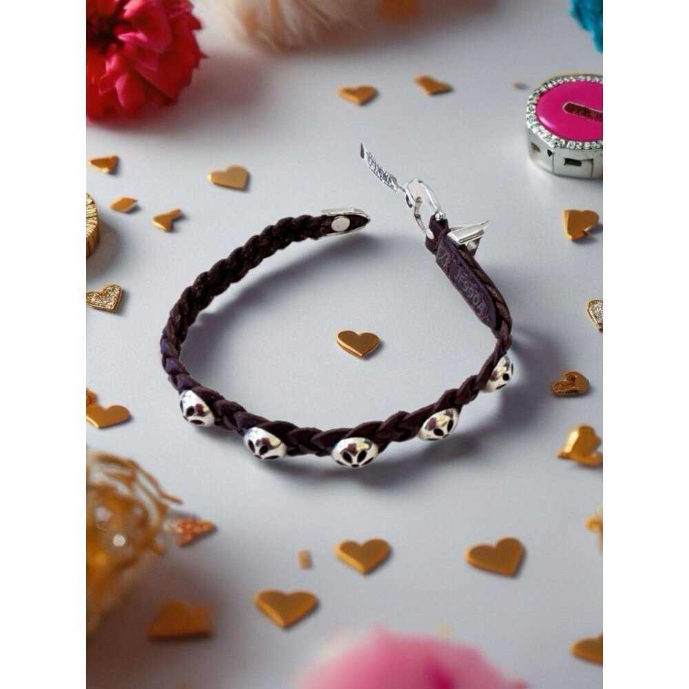 Brighton Daisy Bandit Bracelet- brown braided leather- silver round charms - Picture 7 of 7